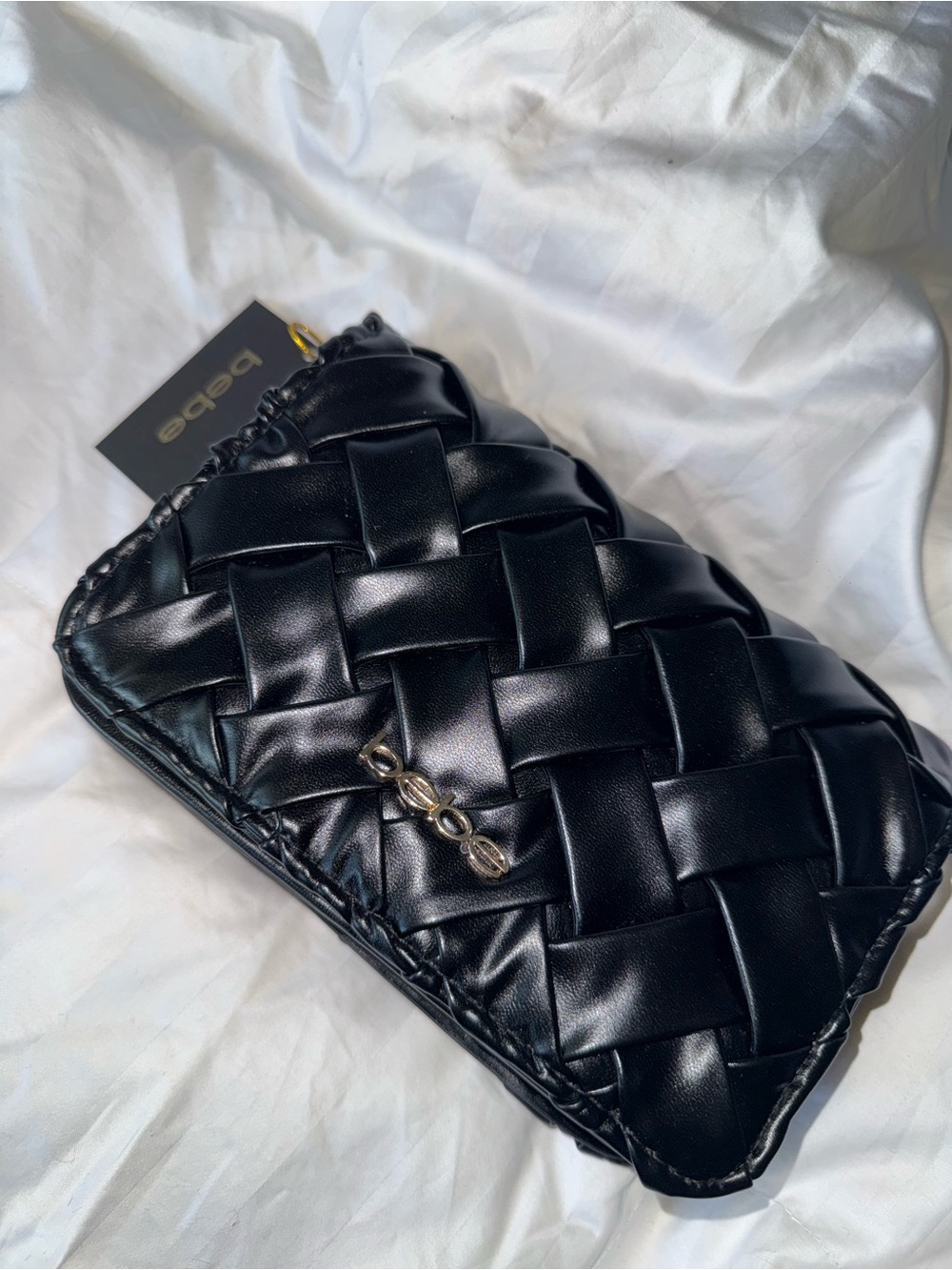 bebe Black Woven Leatherette Wristlet Clutch with Gold Accent